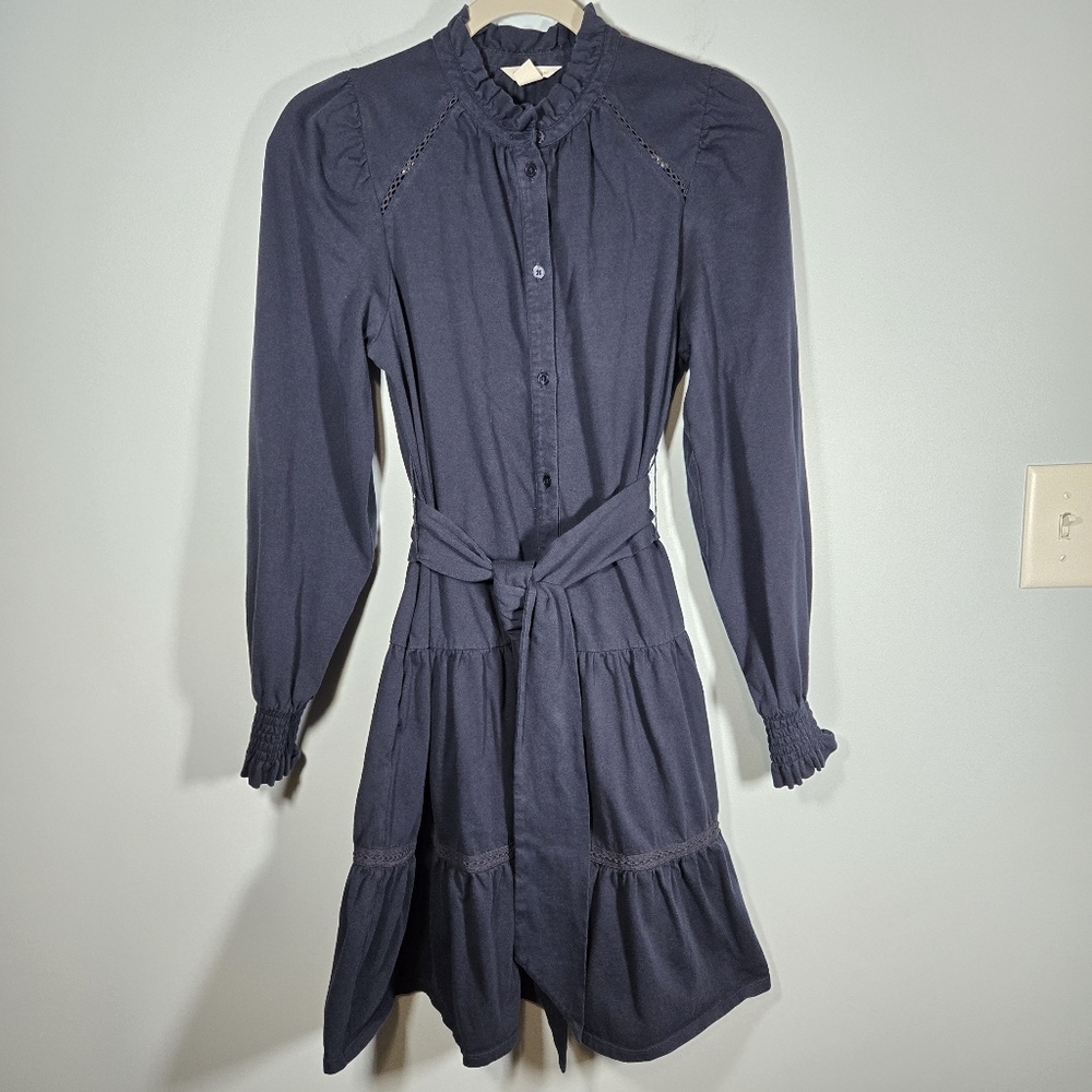 Caslon Organic Cotton Navy Blue‎ Button Down Dress Size XS Cottagecore Ruffle